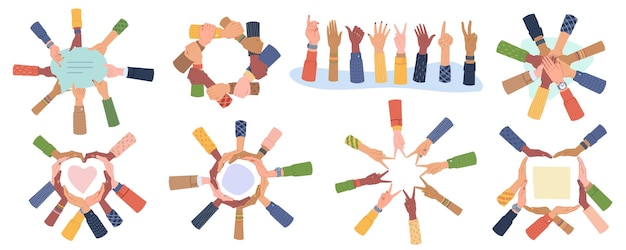 Vector set diversity hands teamwork peace and freedom