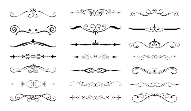 Vector set of dividers, flourishes, vines, ornate lines, ornament elements in vintage style