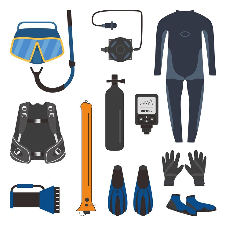 Vector set of diving equipment tools for diver in flat element style.