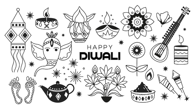 Vector set of diwali elements for festive decor traditional indian festival of diwali lights vector