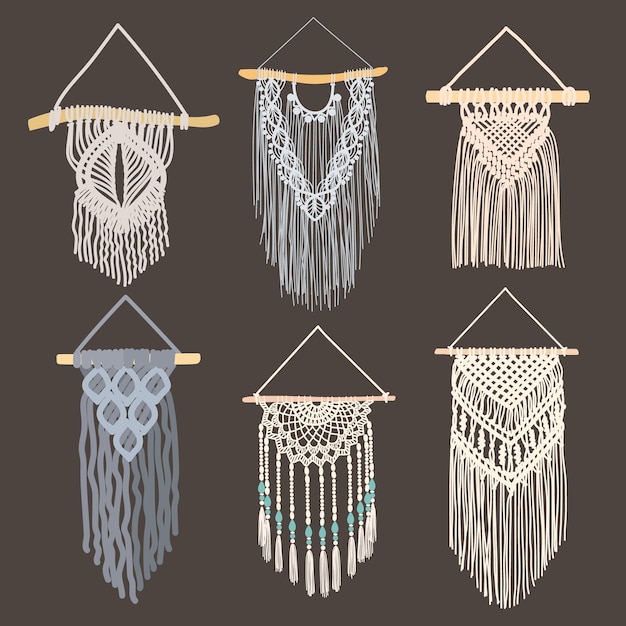 Set of diy wall hanging collection of boho knitting decoration cotton cord plant hanger and macrame decor vector illustration