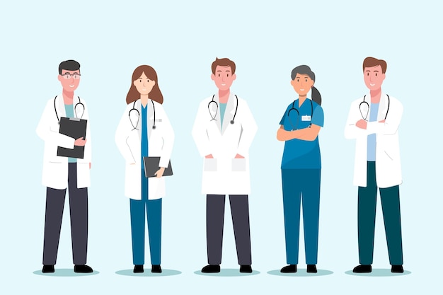 Vettore set di personaggi dei cartoni animati medico. concetto di squadra del personale medico in ospedale. illustrazione vettoriale