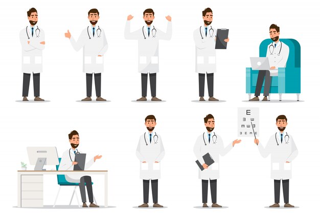 Vector set of doctor cartoon characters. medical staff team concept in hospital.