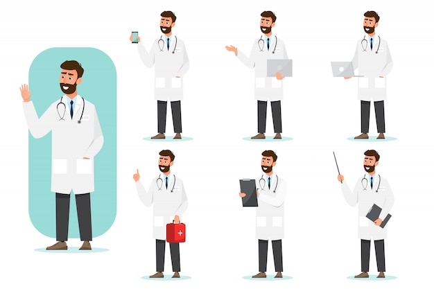 set of doctor cartoon characters. medical staff team  in hospital.
