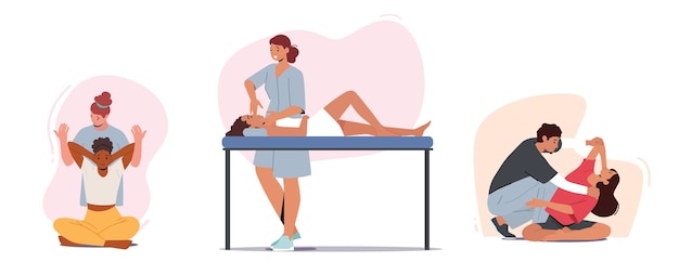 Vettore impostare il medico osteopata che fa il massaggio al personaggio del paziente aiuta a migliorare la salute il guaritore professionista regola la colonna vertebrale della donna