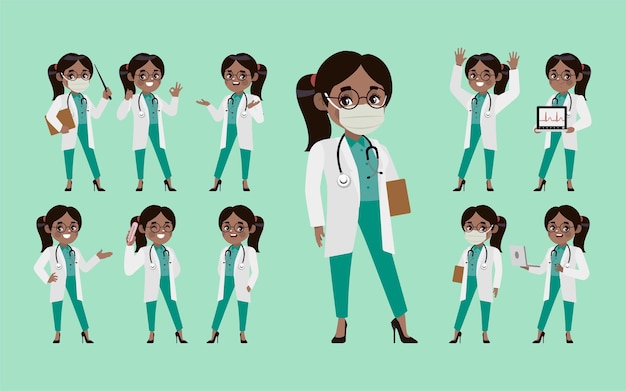 Set of doctor with different poses.