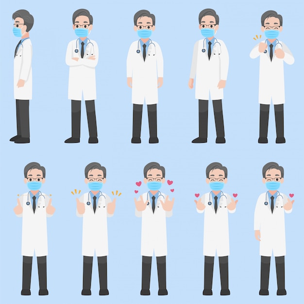 Vector set of doctors character wearing protective medical mask for prevent coronavirus