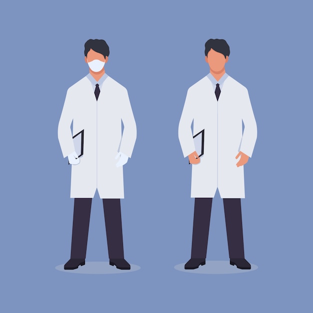Vector set of doctors in mask and gloves on an isolated blue background. health and medical concept. doctor and assistant for application and web site design. stock graphics, flat style.