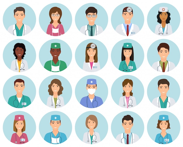 Vector set of doctors and nurses avatars in uniform in circle frames. collection of medicine employee faces in circles.