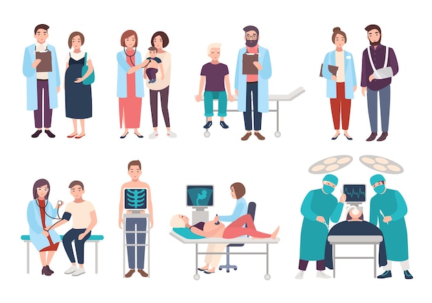 Set of doctors and patients in polyclinic, hospital. visit to therapist, pediatrician, gynecologist, surgeon. medical services ultrasound diagnostics, x-ray, surgery. vector cartoon illustrations.