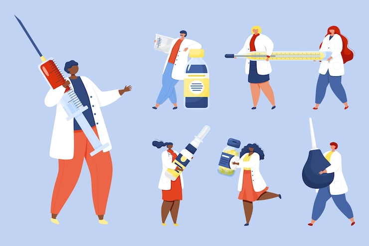Vector set of doctors with medicine objects