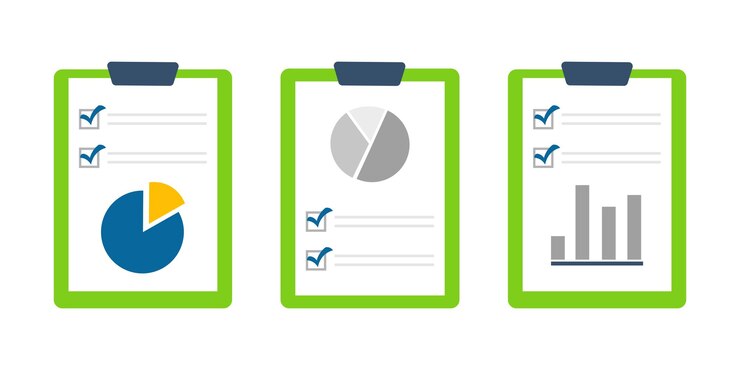 Vector set of document icons with a pie chart graph marked with a blue checkmark