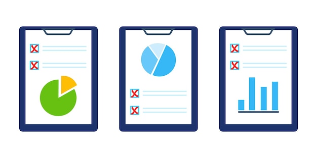 Set of document icons with a pie chart a graph marked with a red cross