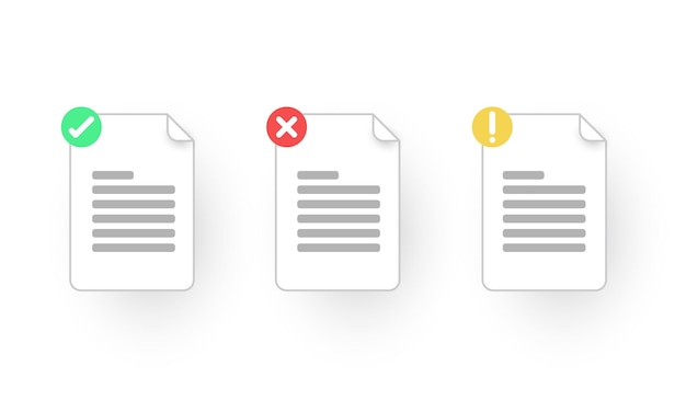 Set of document with right, wrong, exclamation, file type icons, text document, worksheet