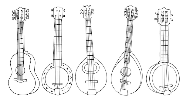 Vector set of doddle guitar. set of musical instruments.