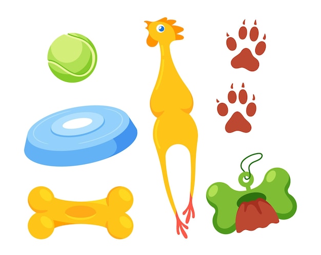 Vector set of dog accessories ball flying disk bone rubber chicken toilet bags and paw prints isolated on white background