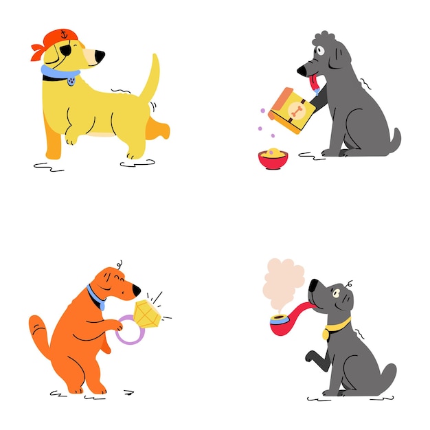 Set of Dog Activities Flat Illustrations