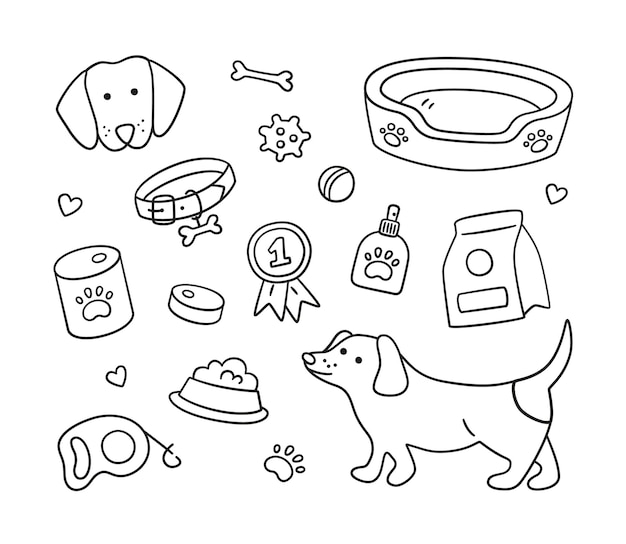 Vector set of dog elements and canine accessories with dachshund dog