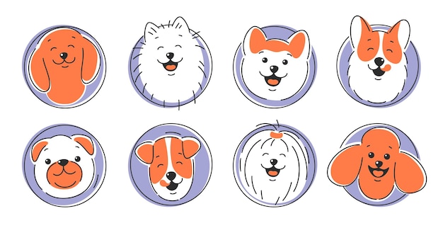 Set of dog faces of different breeds Corgi Akita spitz Dachshund Poodle Terrier Pug