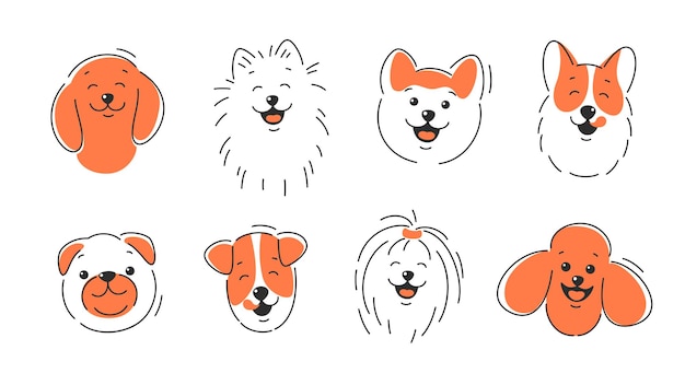 Set of dog faces of different breeds. Corgi, Akita, spitz , Dachshund, Poodle, Terrier, Pug.