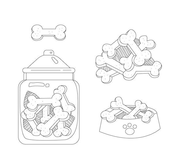 孤立した背景に犬の食べ物と骨をジャーとボウルにセットします。線のスタイル