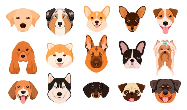 A set of dog heads on a white background. Cartoon design.