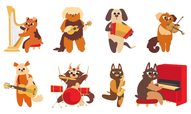 Set of dog musicians funny characters in doodle flat style