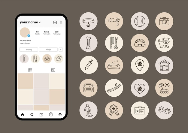 犬をテーマにしたインスタグラムストーリーハイライトカバーアイコンベクトルのセット