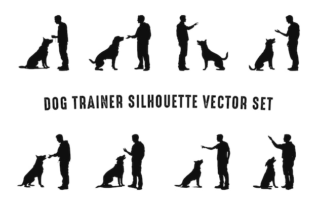 Set di sagome per addestratori di cani vettore nero un uomo che addestra un pacchetto di silhouette per cani