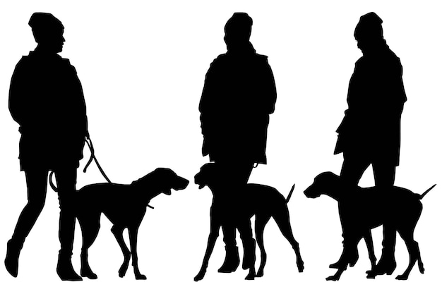 Vector set of dog and women silhouettes