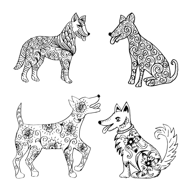 Set of dogs in floral ornament