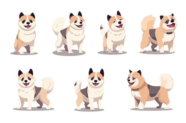 愛らしいフラットデザインの犬のセットをフィーチャーした犬の活気のある漫画イラストのセット