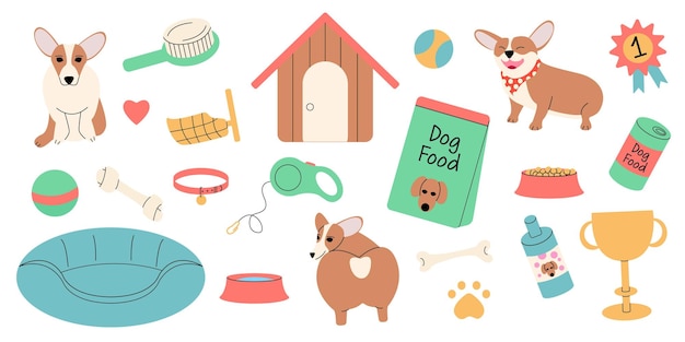 Set of dogs and pet accessories in flat style.