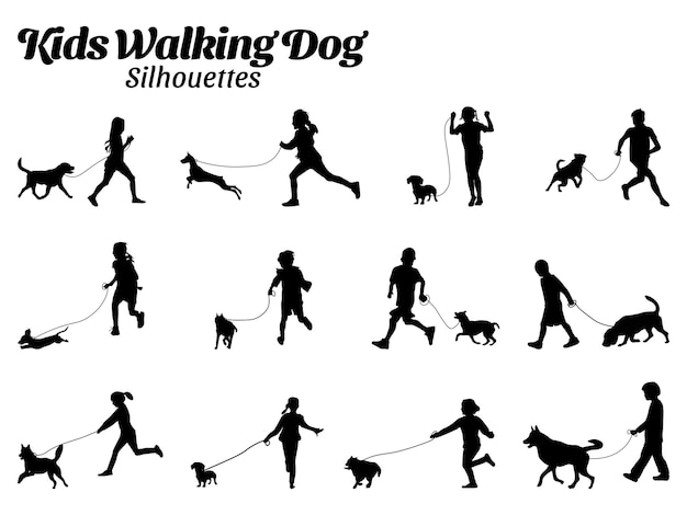 Vector set of dogs walking with children vector silhouettes