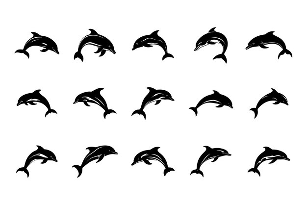 Vettore set di illustrazioni nere della silhouette dei delfini