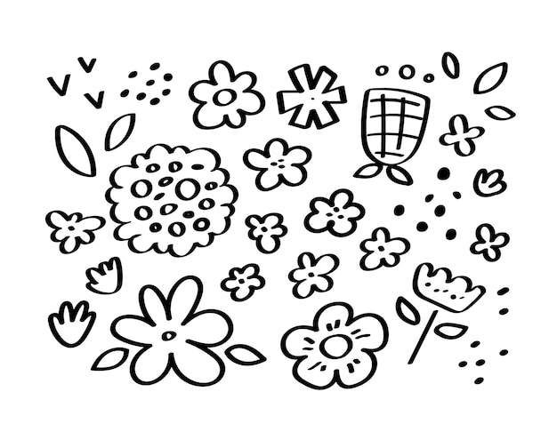 Set of doodle and abstract flowers icons on isolated background