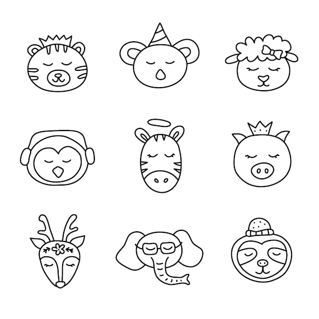 Set of doodle animal faces