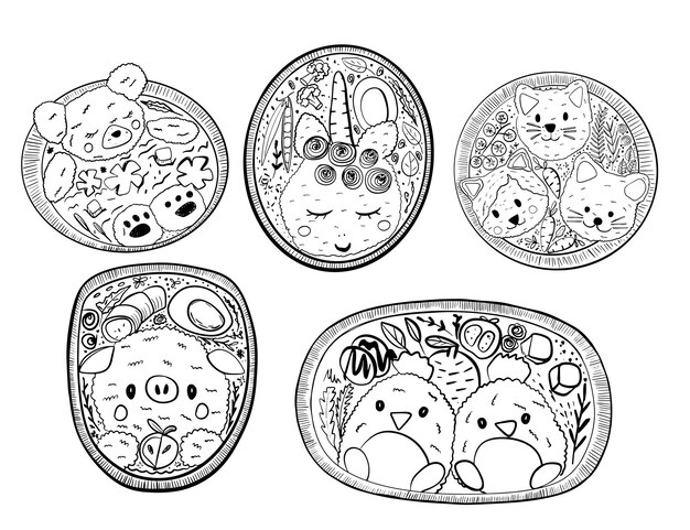 Set of doodle asian food plates with cute animals rice cooking