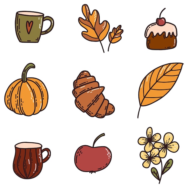 Vector set of doodle autumn elements of cup leaves pumpkin flower croissant cake apple