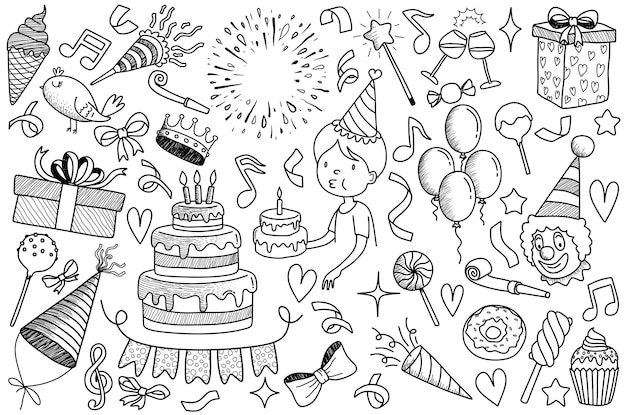 Set of doodle birthday party.