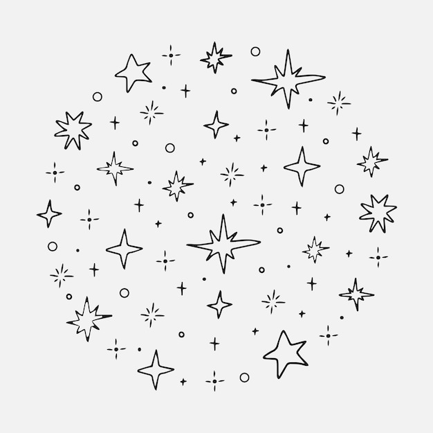 Set of doodle black stars shape circle composition bright firework decoration twinkle shiny flash glowing light effect star vector illustration