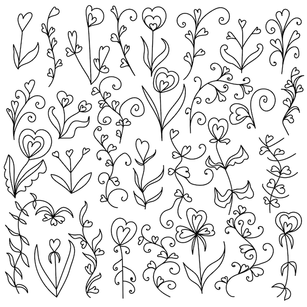 Vector set doodle bloemen met bladeren en sierlijke twijgen gestileerde hartvormige bloemen voor decoratie