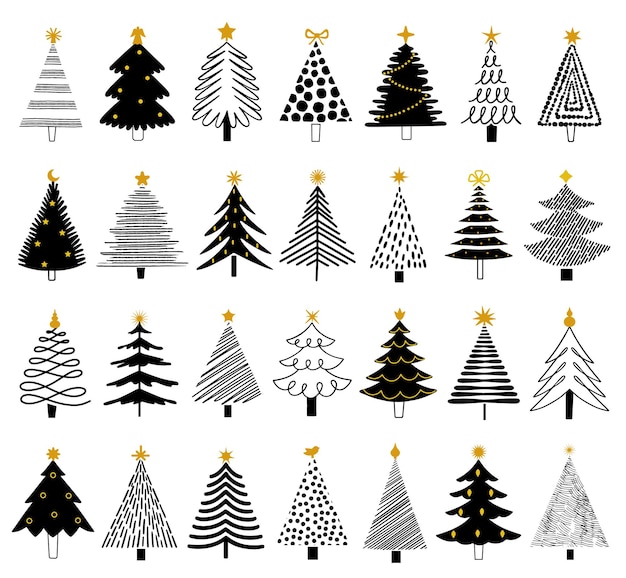 Set of doodle christmas tree with star Hand drawn collection of ink fir shape doodle drawin