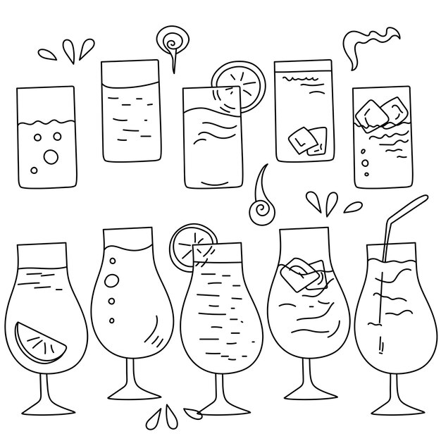 Vector set of doodle cocktails in different glasses illuminating contour drinks