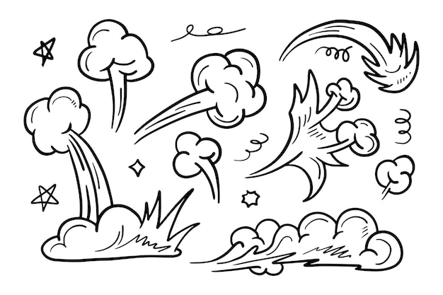 Set doodle Comic energy explosion Cartoon flame smoke cloud vector illustration