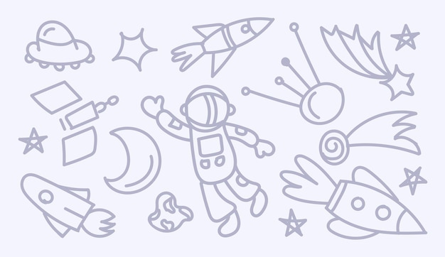 A set of doodle cosmos illustrations, elements for any purpose. spacecraft, planets, stars and ufos. print vector lines