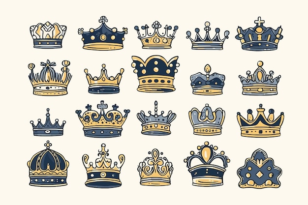 Set di vettore di corone di doodle collezione di eleganti copricapi o coroncine dell'imperatore o dell'imperatrice decorati da gioielli o pietre preziose