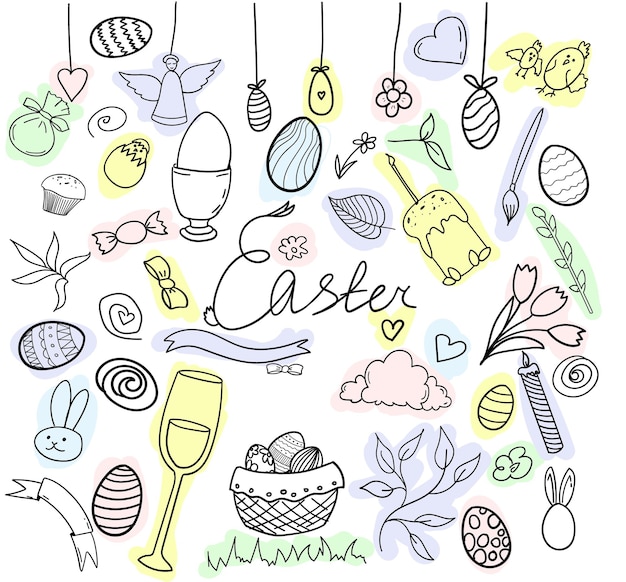 Set doodle easter hand drawing elements outline with color spots vector illustration