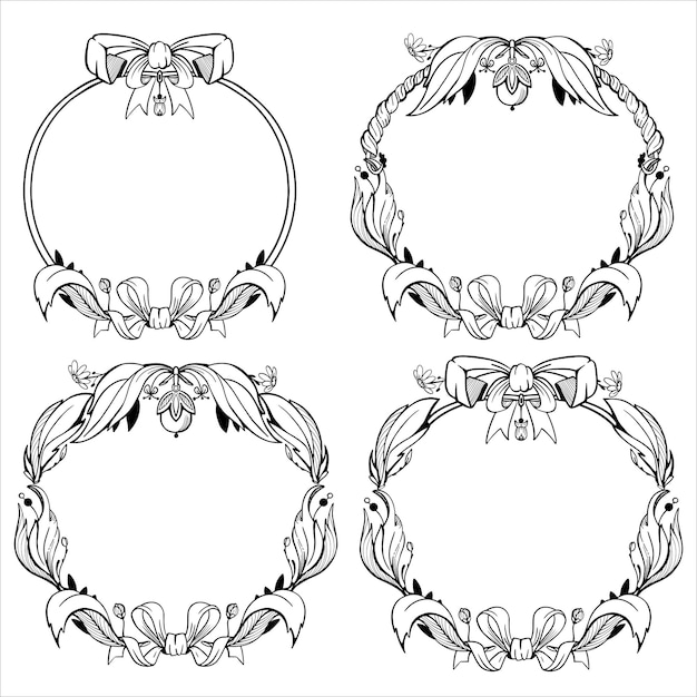 Vector set of doodle elegant circle flower frames with ribbon and bow vector eps 10