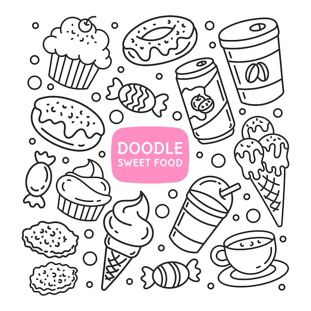 Set doodle elementen met zoet eten en drinken